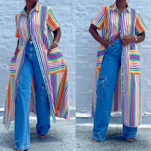 Striped Pattern Short Sleeve Button Detailed Long Blouse