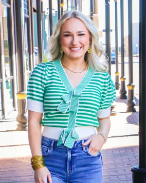 Striped Puff Sleeve Knit Cardigan With Bow Details