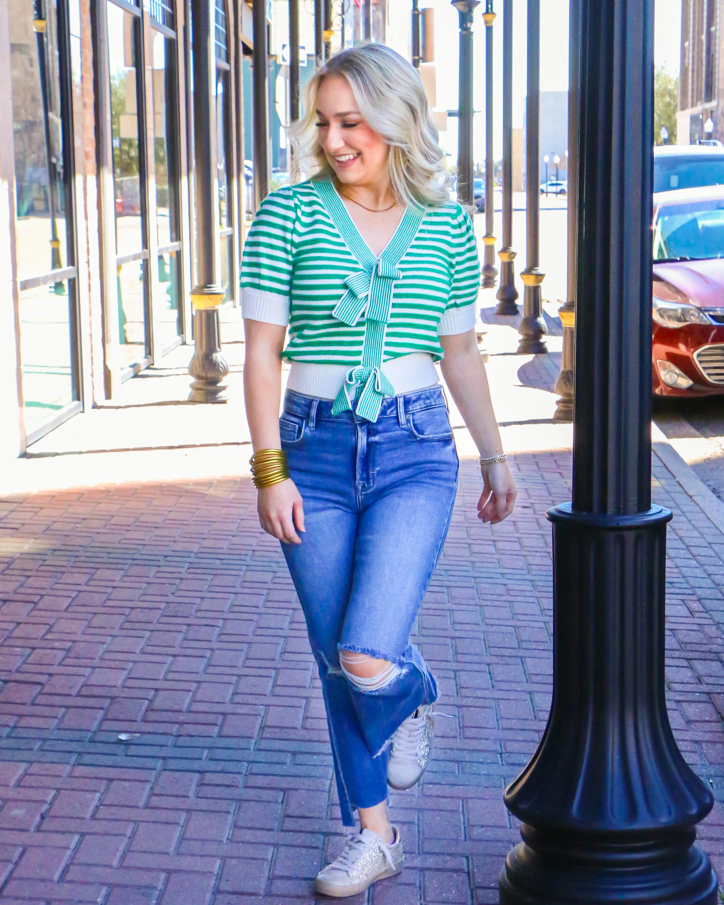 Striped Puff Sleeve Knit Cardigan With Bow Details