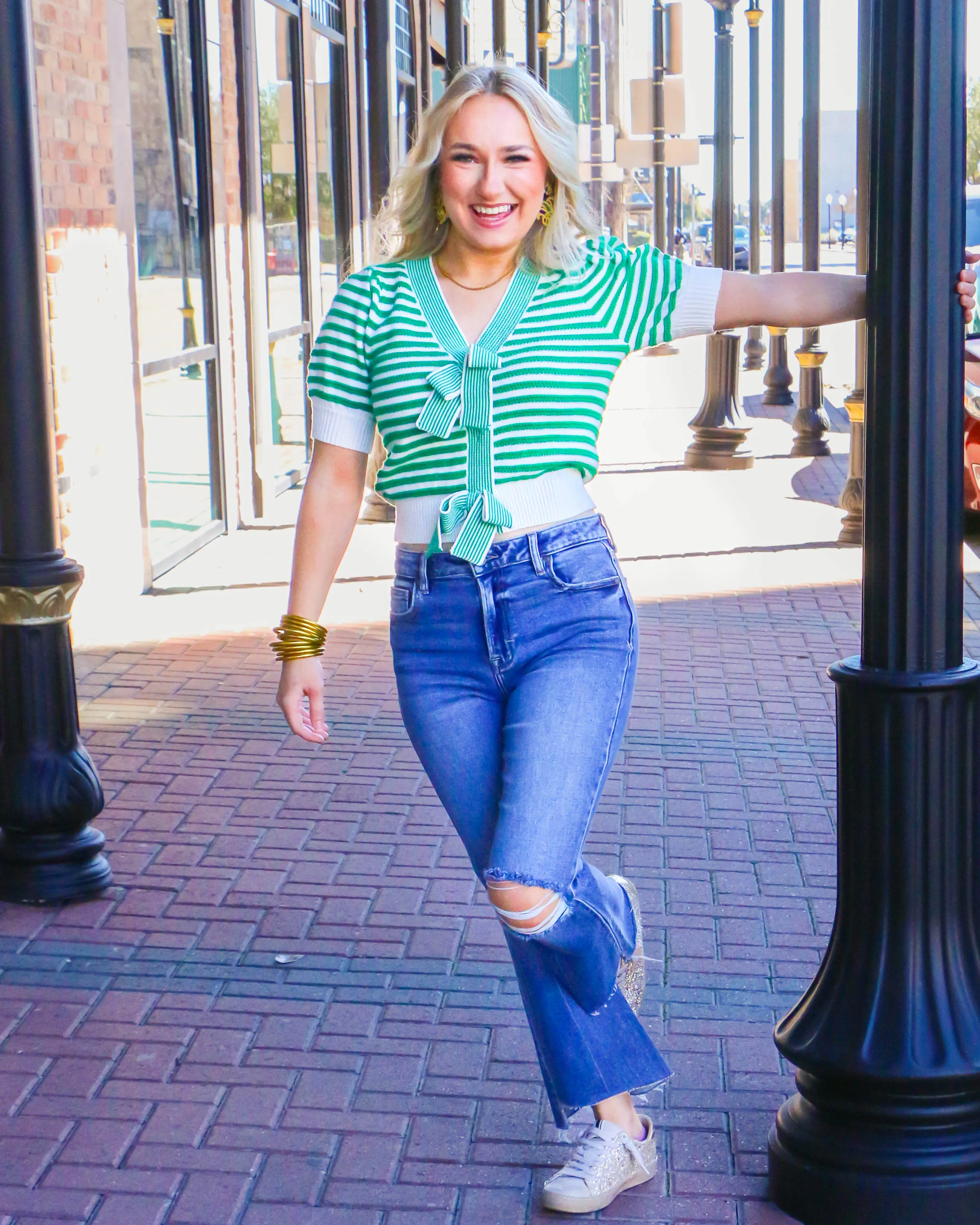 Striped Puff Sleeve Knit Cardigan With Bow Details