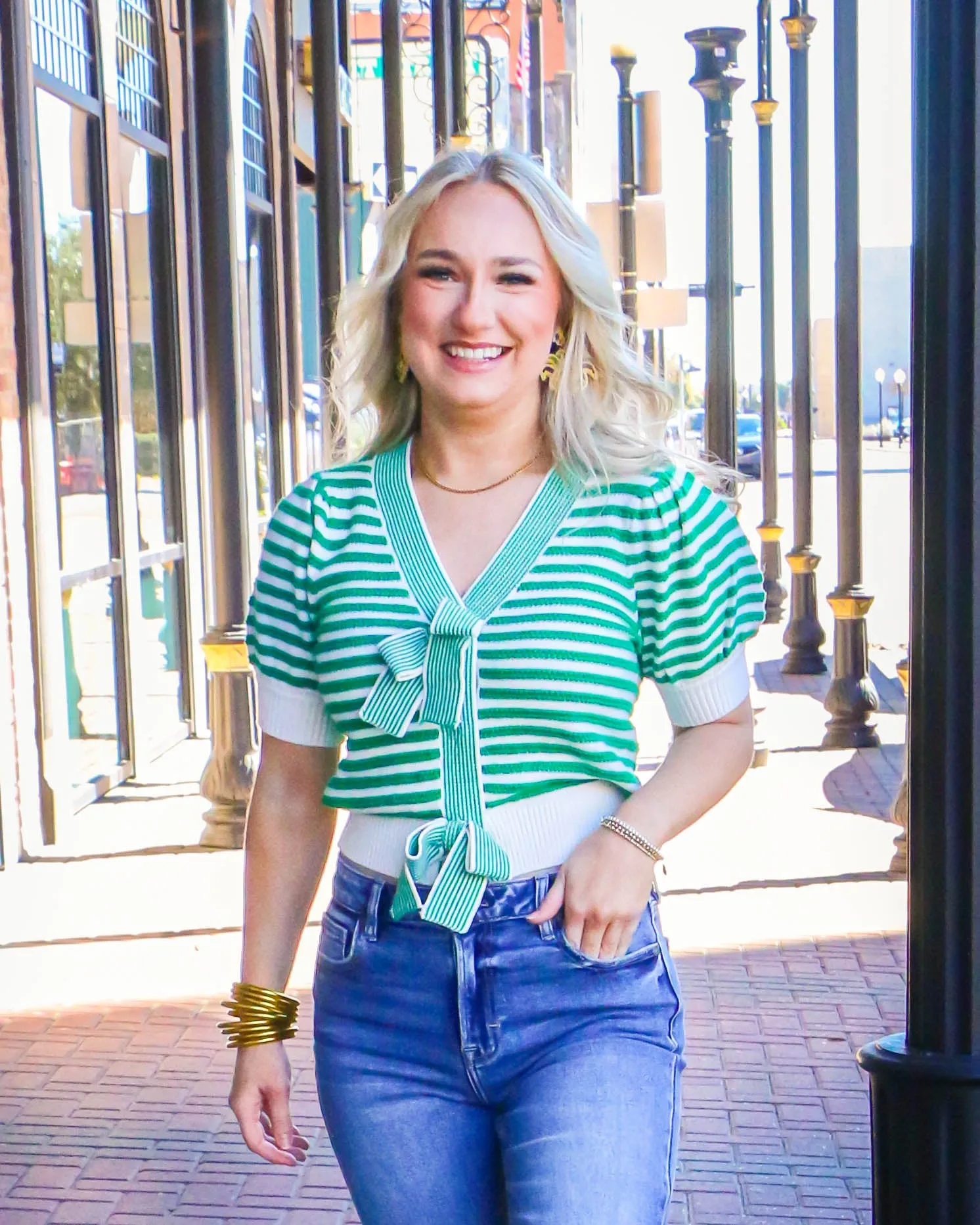 Striped Puff Sleeve Knit Cardigan With Bow Details