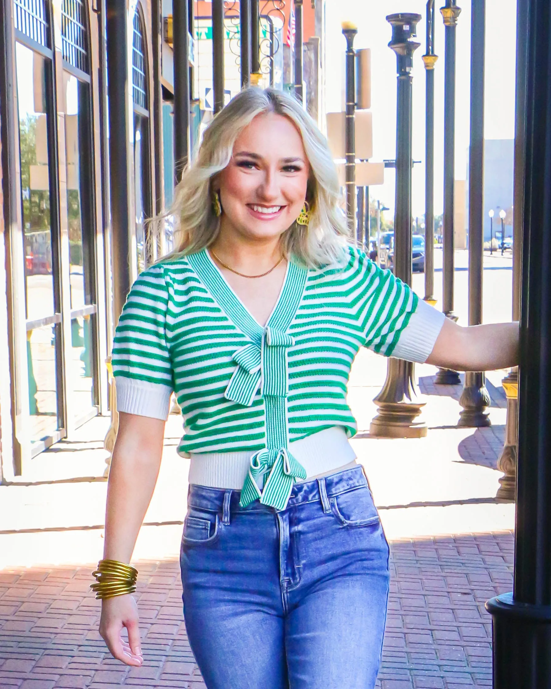 Striped Puff Sleeve Knit Cardigan With Bow Details