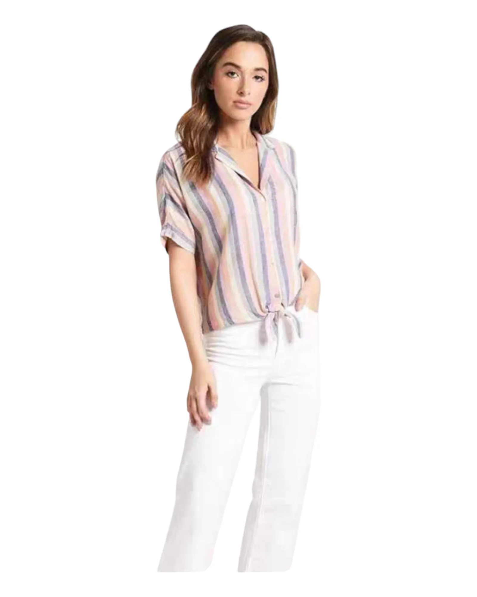 Striped Short-Sleeved Shirt with Front Tie