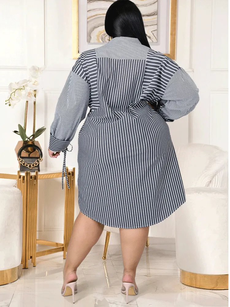 Striped  Turndown Collar Shirt Dress