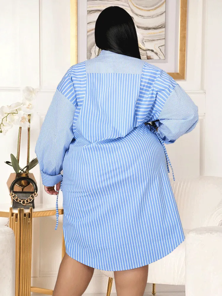 Striped  Turndown Collar Shirt Dress