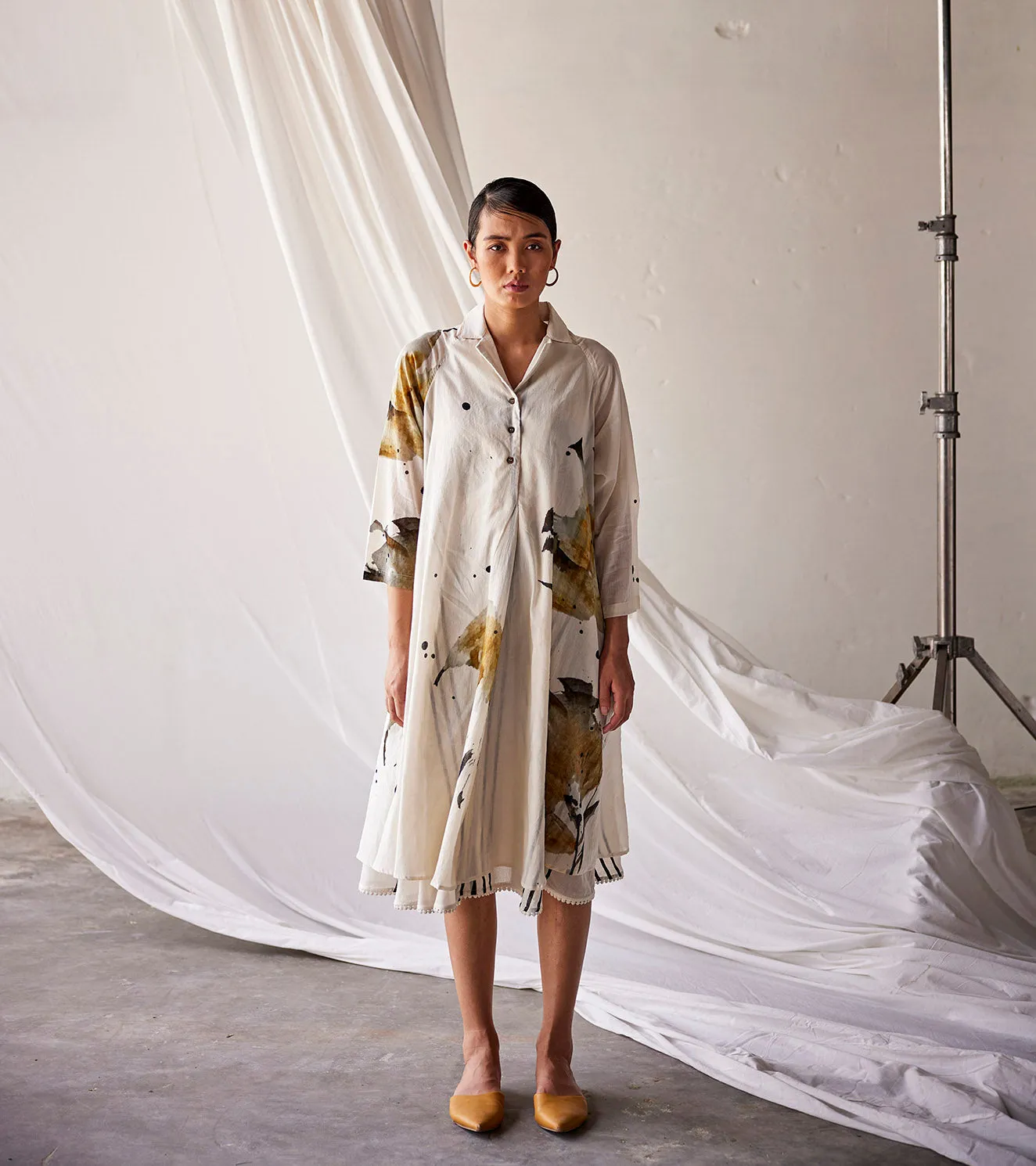 Summer Dress Cotton Lapel Collar-Off White-Fashion Edit Indian Summer-KW838-Khara Kapas