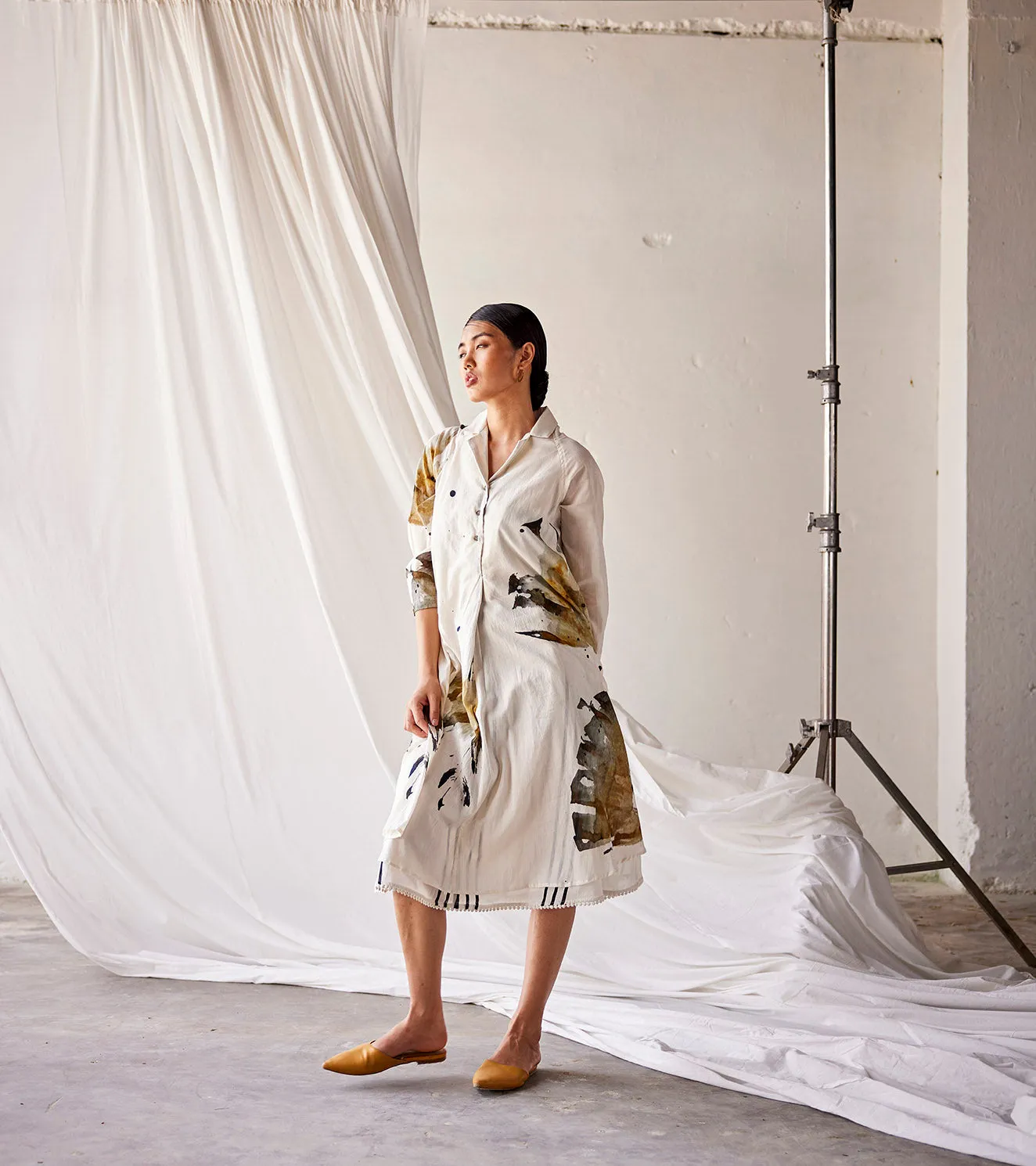 Summer Dress Cotton Lapel Collar-Off White-Fashion Edit Indian Summer-KW838-Khara Kapas