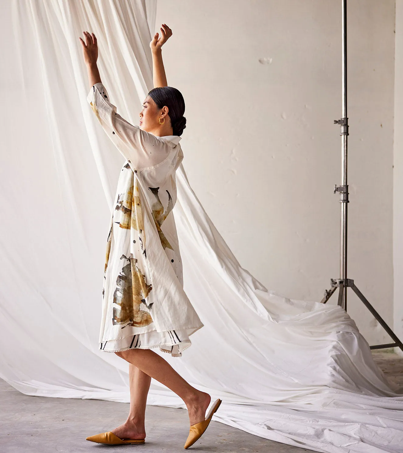 Summer Dress Cotton Lapel Collar-Off White-Fashion Edit Indian Summer-KW838-Khara Kapas