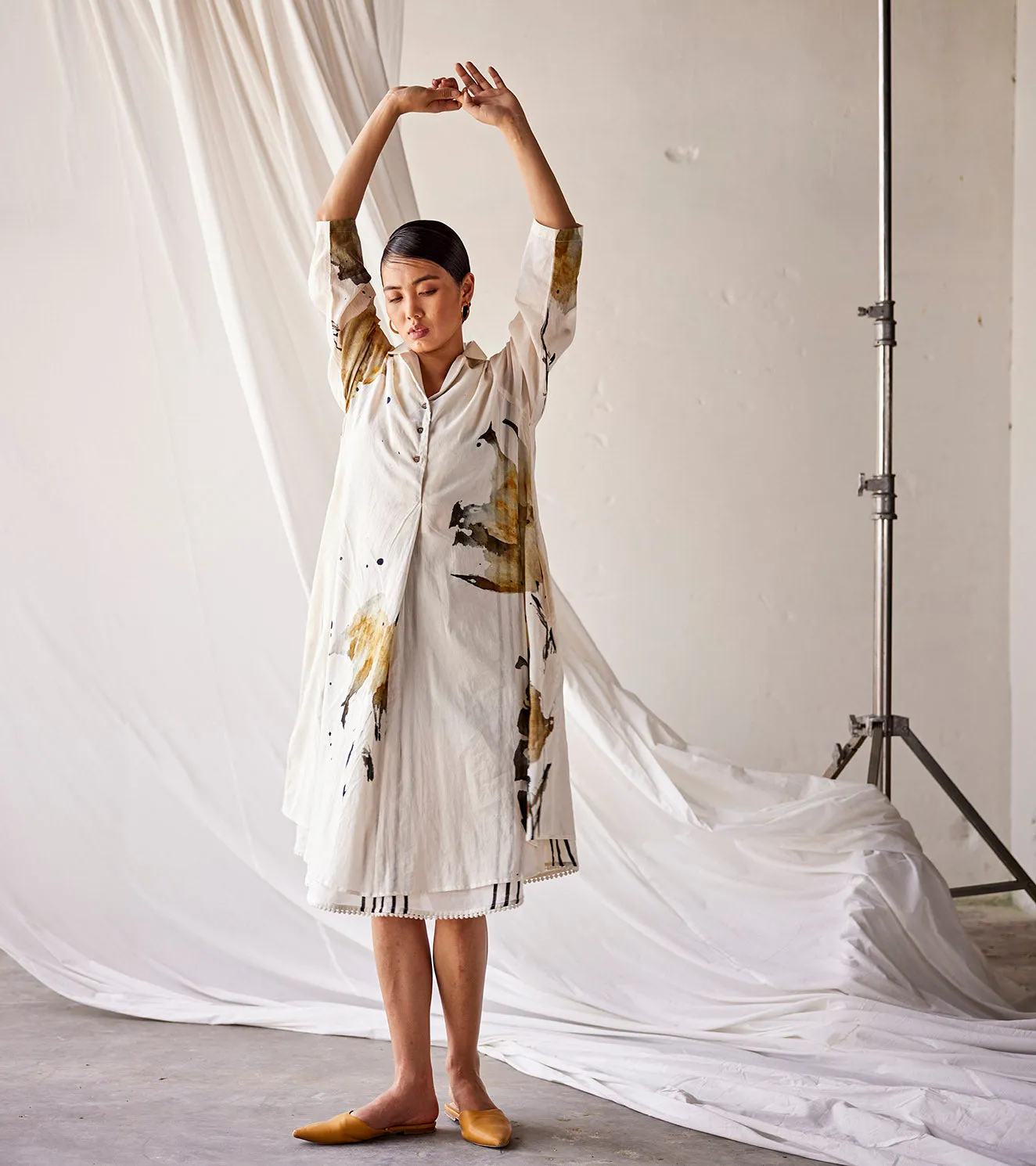 Summer Dress Cotton Lapel Collar-Off White-Fashion Edit Indian Summer-KW838-Khara Kapas
