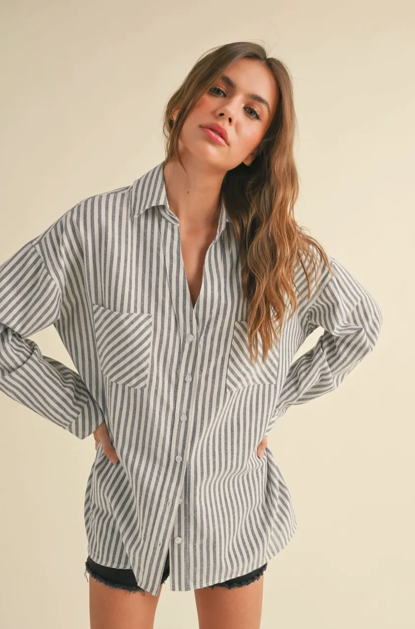 Susan Striped Button Down Shirt - Navy