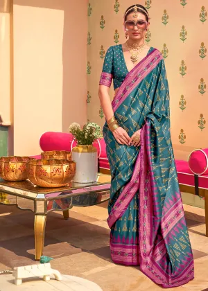 Teal Green Printed Patola Silk Saree