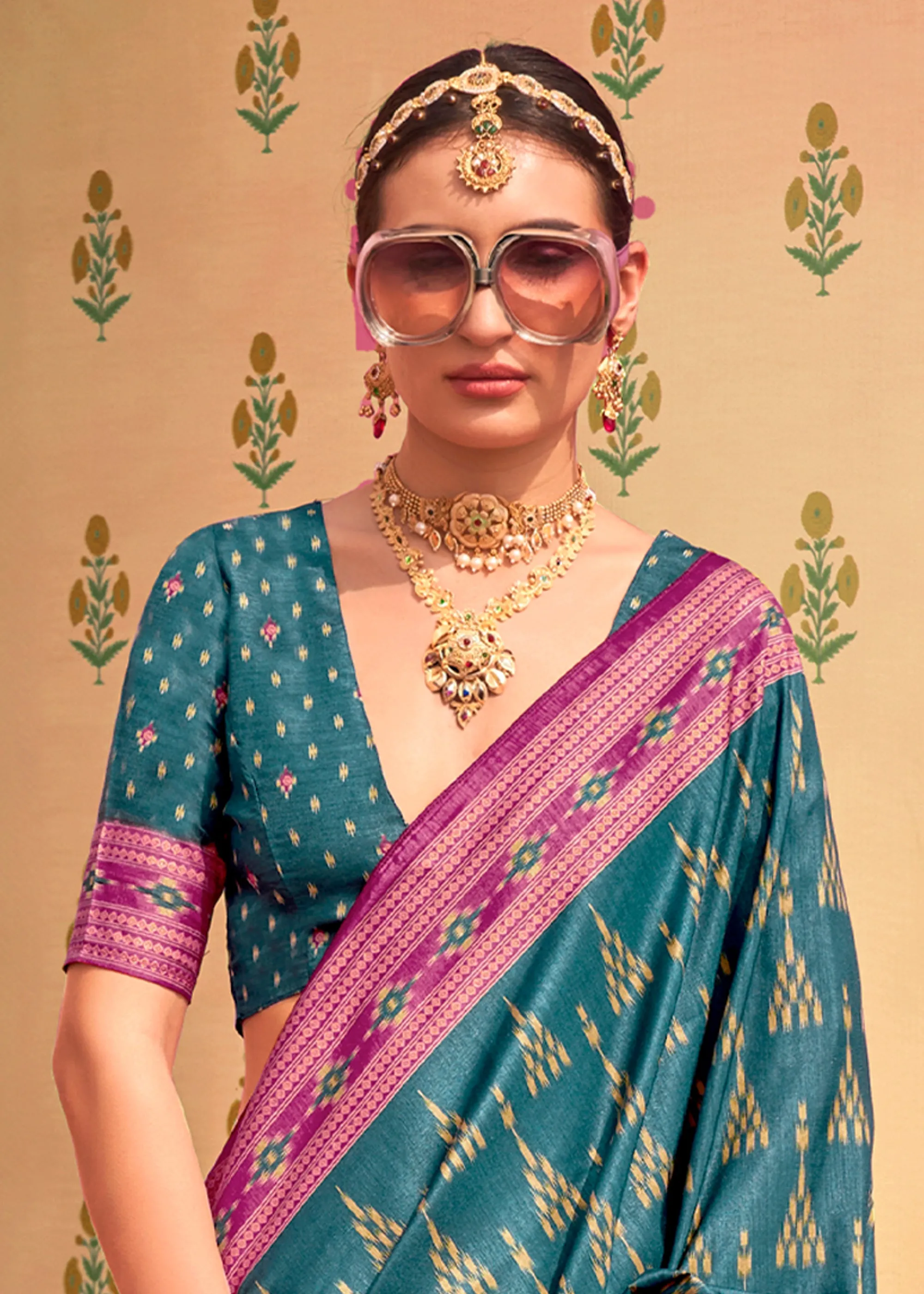 Teal Green Printed Patola Silk Saree