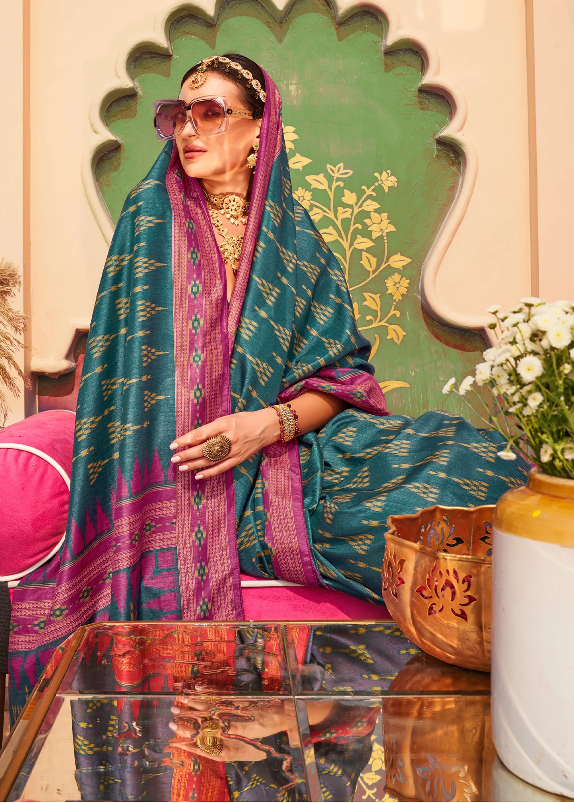 Teal Green Printed Patola Silk Saree