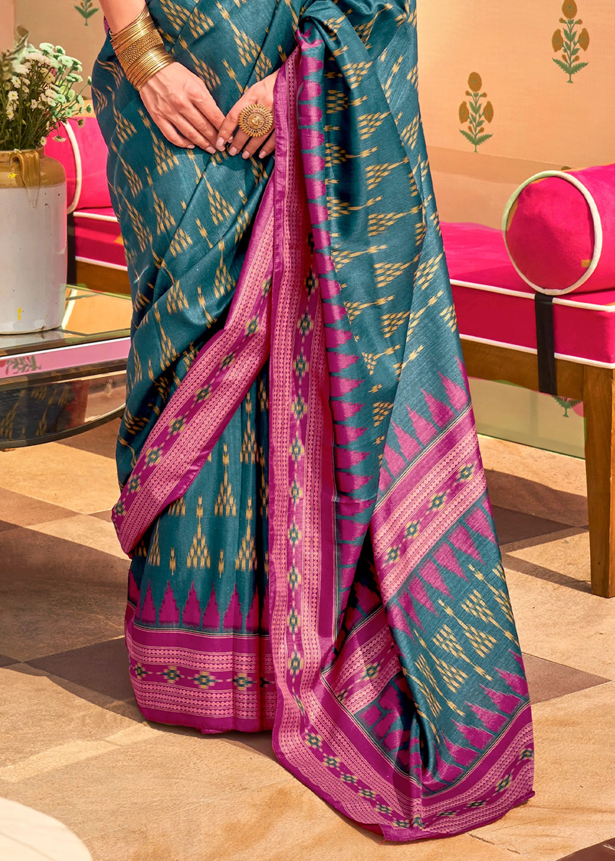 Teal Green Printed Patola Silk Saree