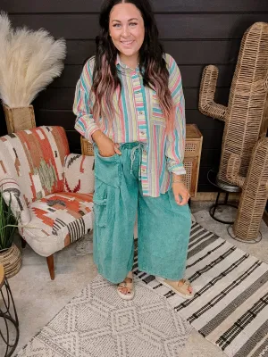 Teal Mix Retro Stripe Button Front Shirt
