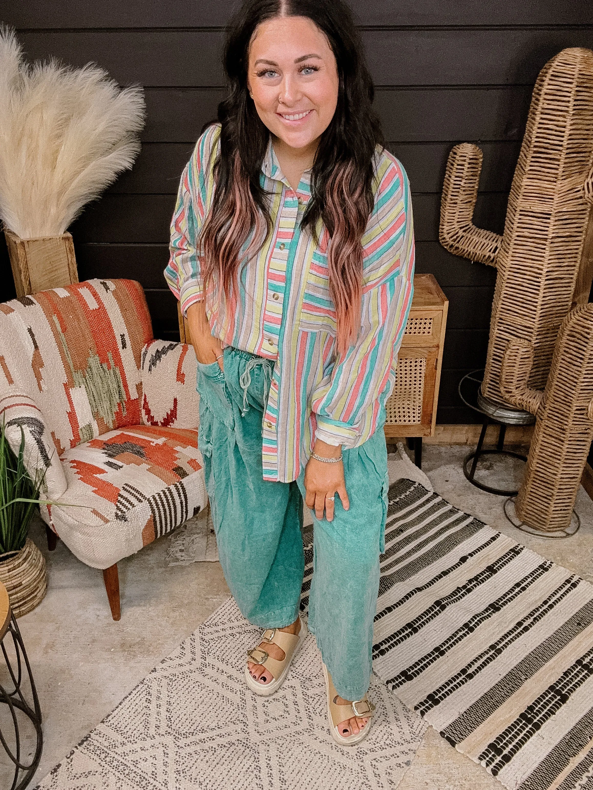 Teal Mix Retro Stripe Button Front Shirt