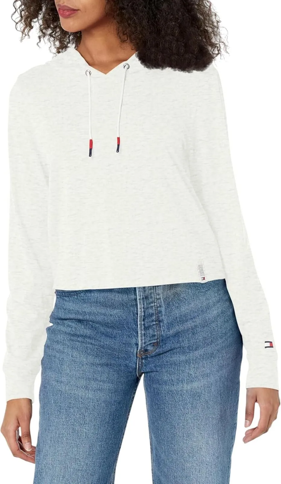 Tommy Hilfiger Women's Performance Hooded Long Sleeve Tee White Stone Heather S