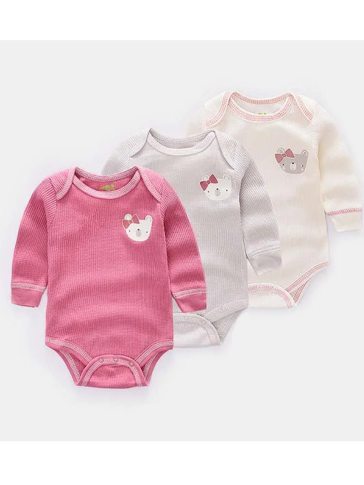 Triple Pack Long Sleeve Pinks Teddy Bear Baby Bodysuit
