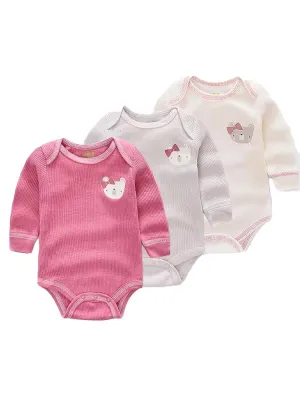 Triple Pack Long Sleeve Pinks Teddy Bear Baby Bodysuit