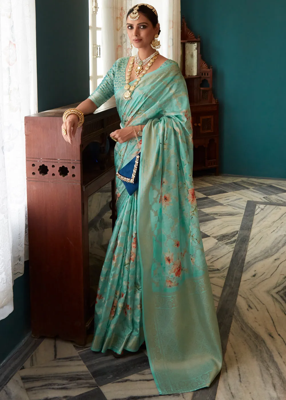Turquoise Green Woven Banarasi Silk Saree With Floral Print