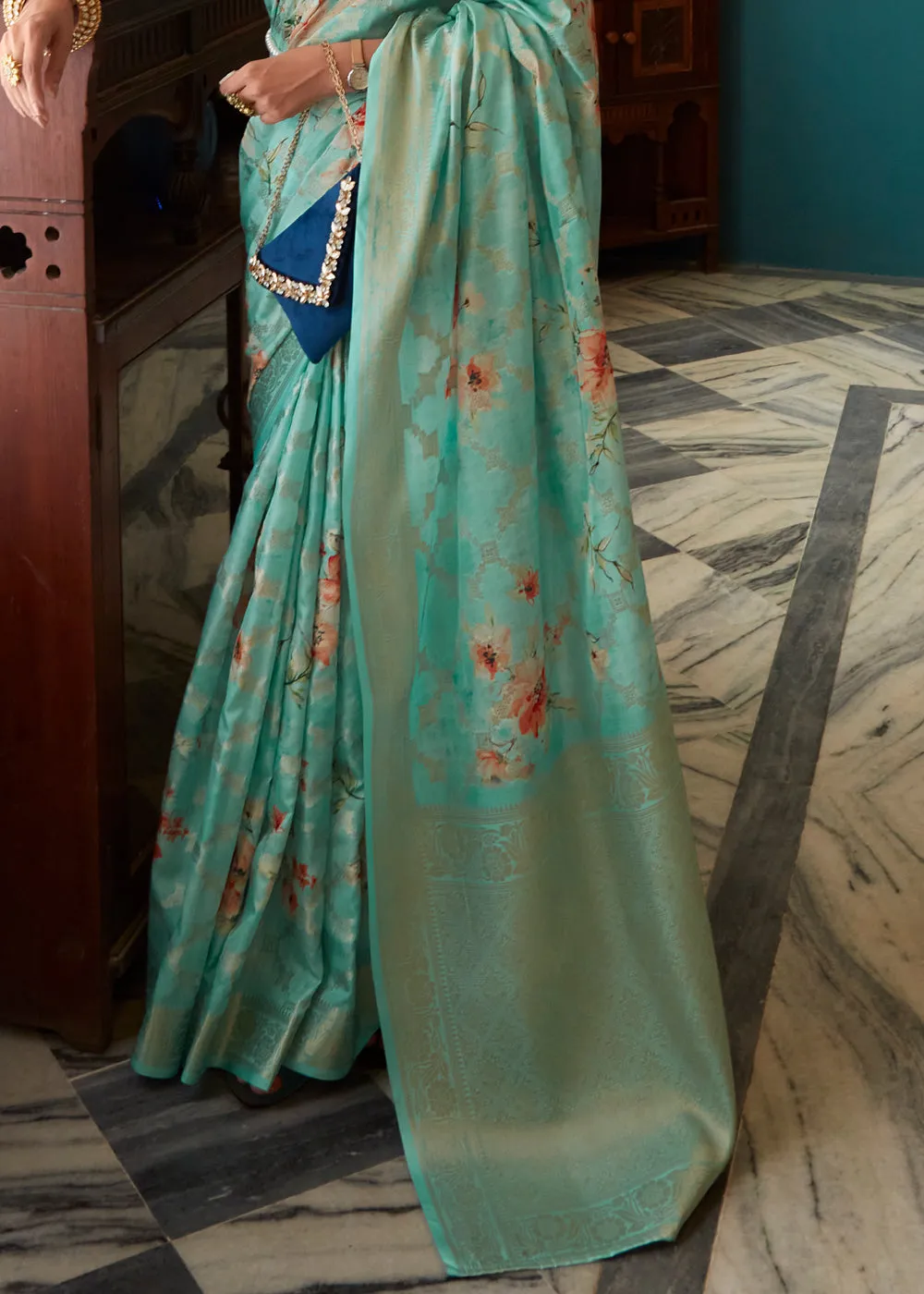 Turquoise Green Woven Banarasi Silk Saree With Floral Print