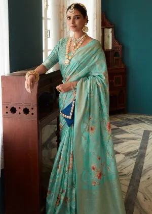 Turquoise Green Woven Banarasi Silk Saree With Floral Print
