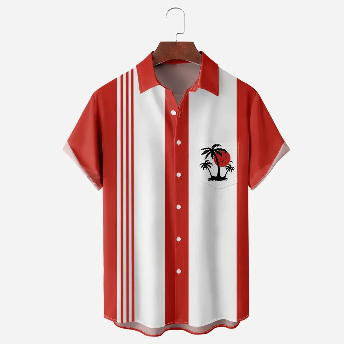 Vintage Striped Coconut Tree Print Men's Button Short Sleeve Shirt