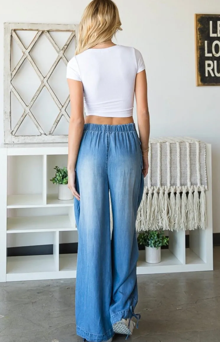 WASHED WIDE TENCEL PANTS-Blue
