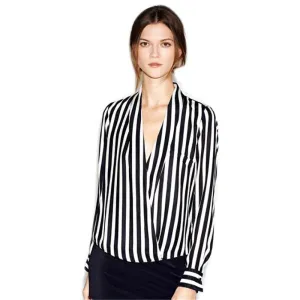 White blouse Formal Women Long Sleeve Chiffon Button Striped Lapel Tops Shirts Sized S/M/L