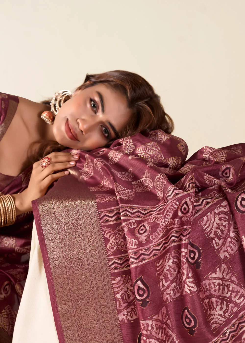 Wine Maroon Printed Soft Silk Saree