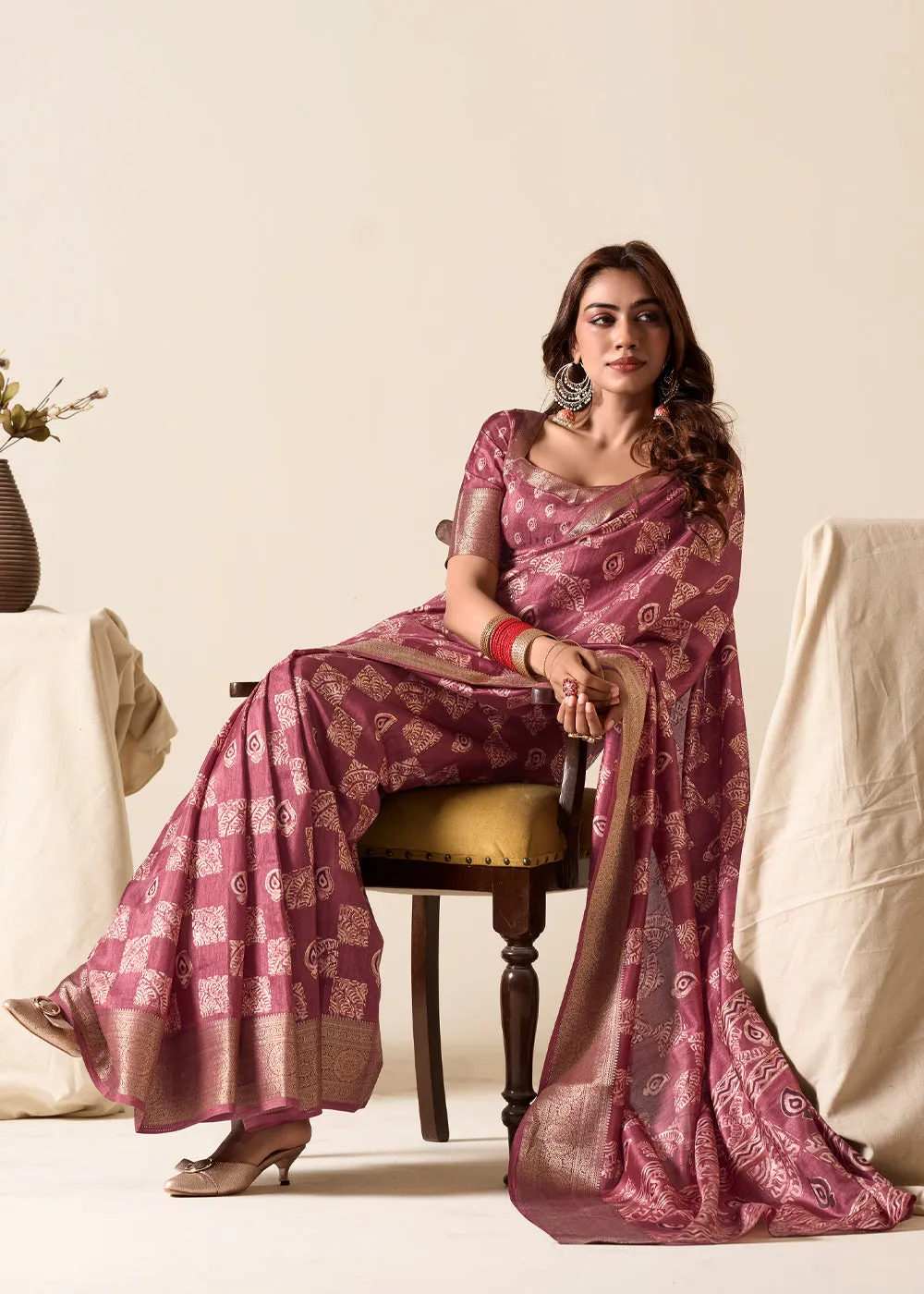 Wine Maroon Printed Soft Silk Saree