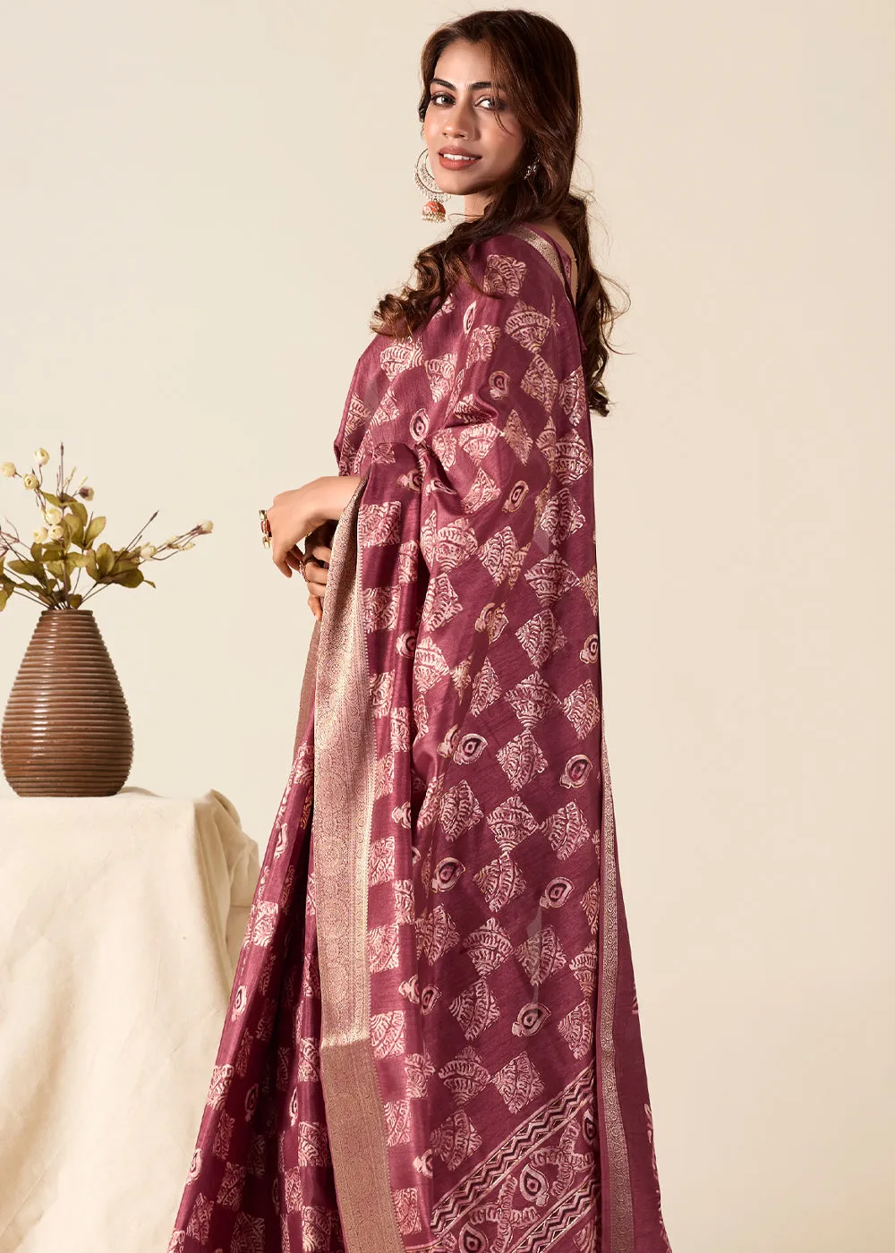 Wine Maroon Printed Soft Silk Saree
