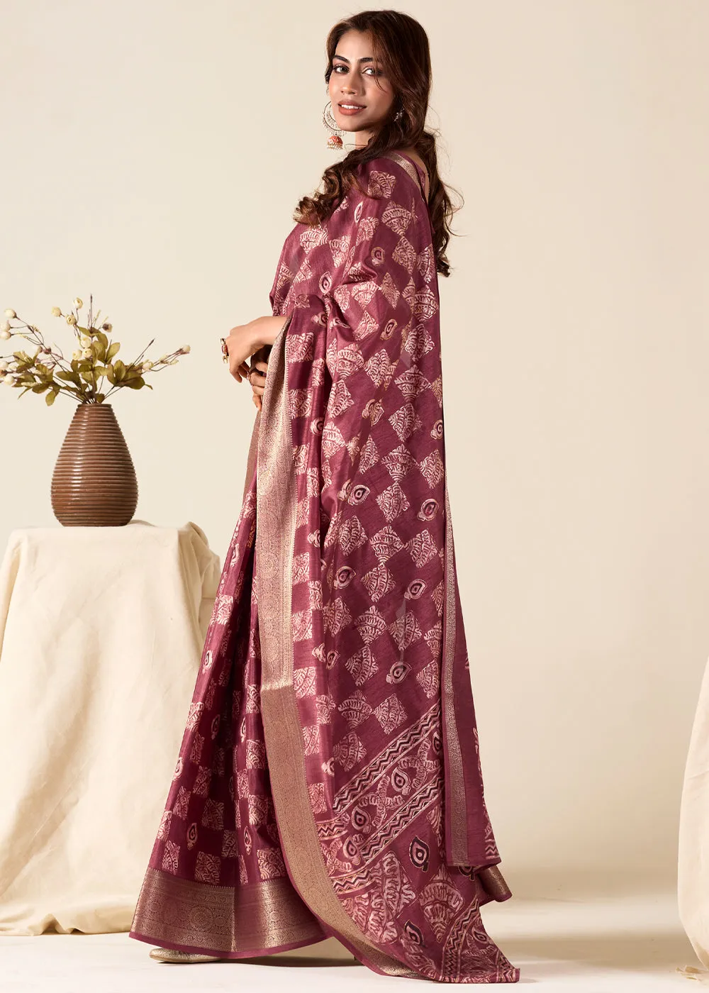 Wine Maroon Printed Soft Silk Saree