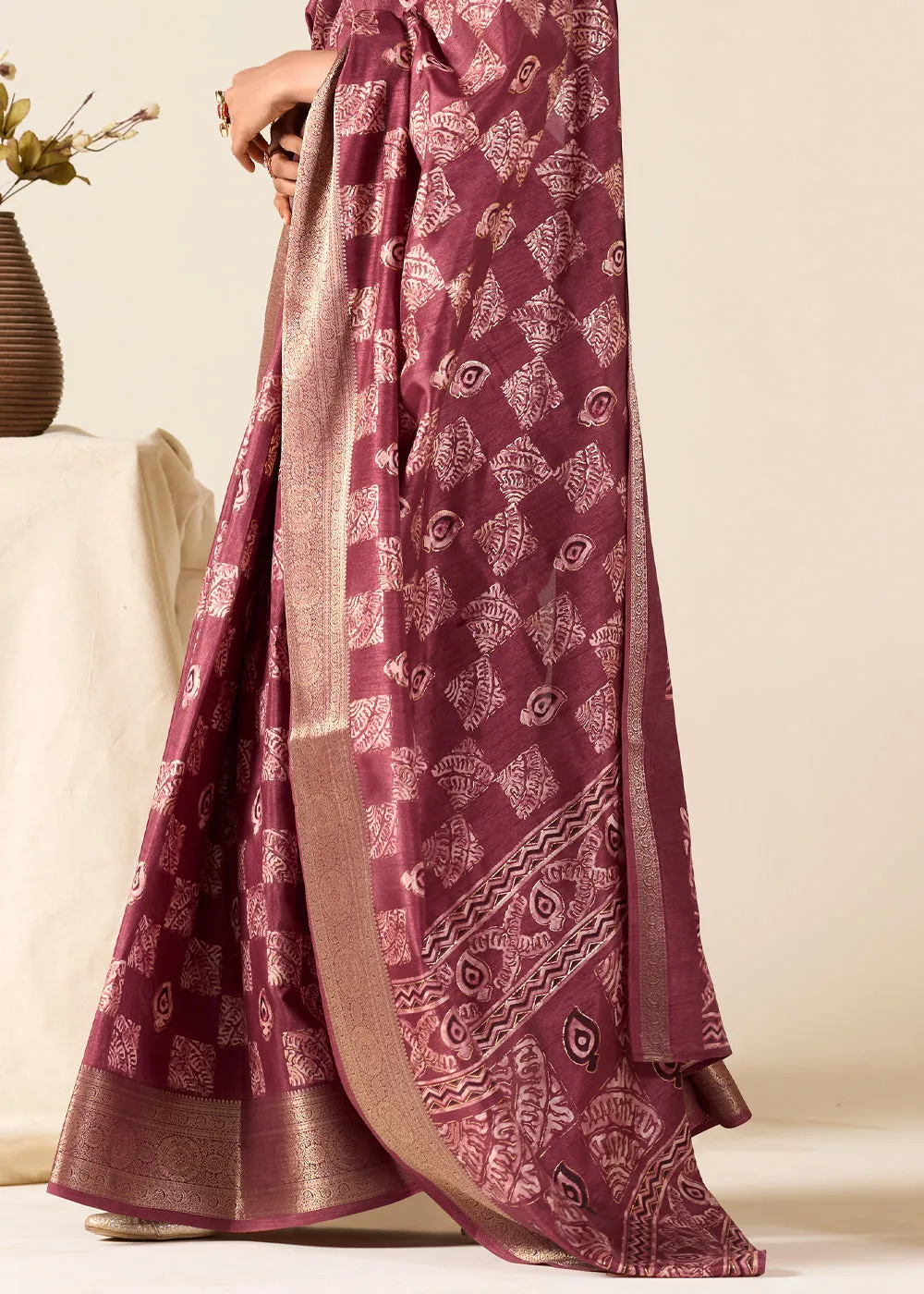 Wine Maroon Printed Soft Silk Saree