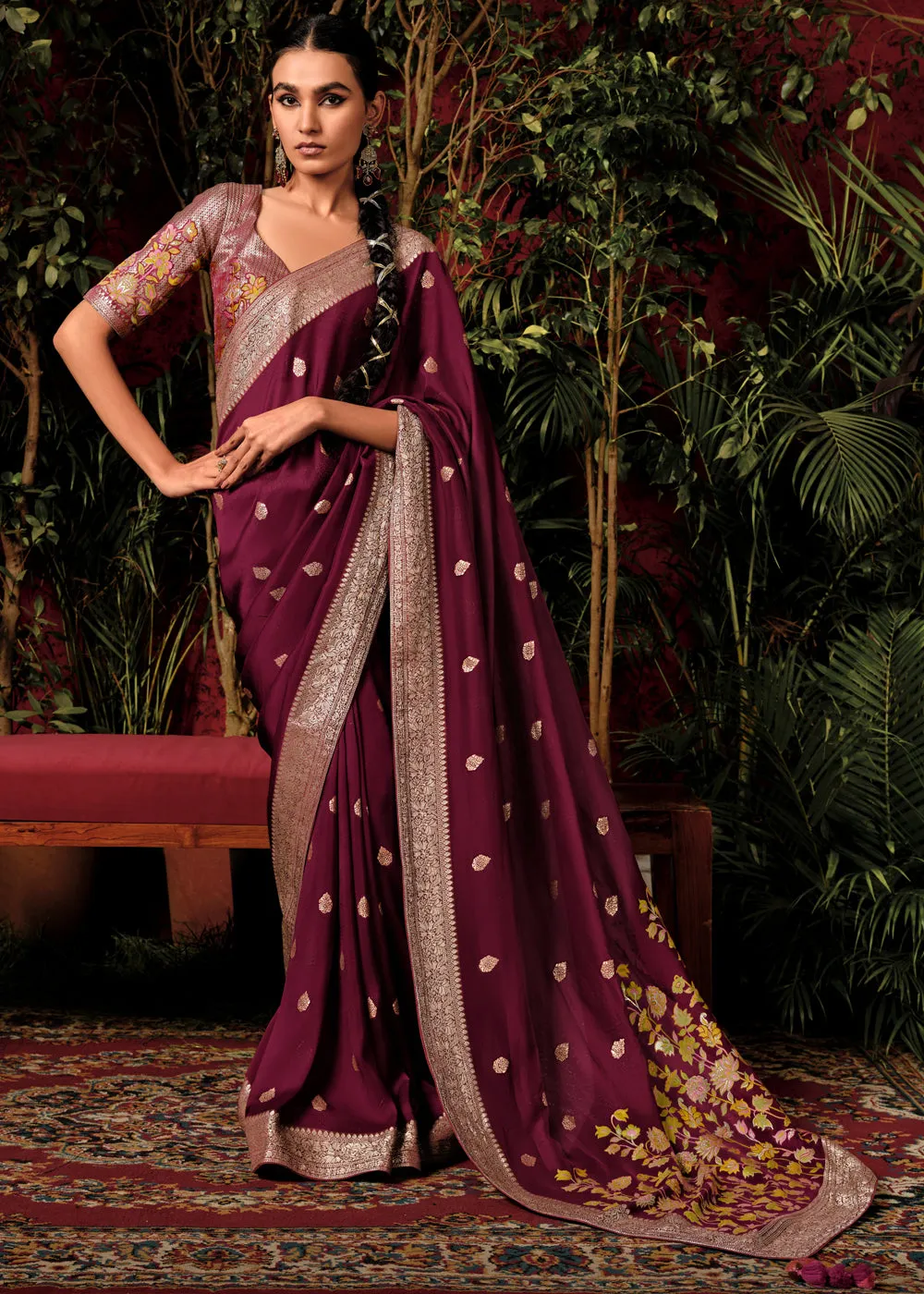 Wine Maroon Woven Banarasi Silk Saree With Brocade Blouse