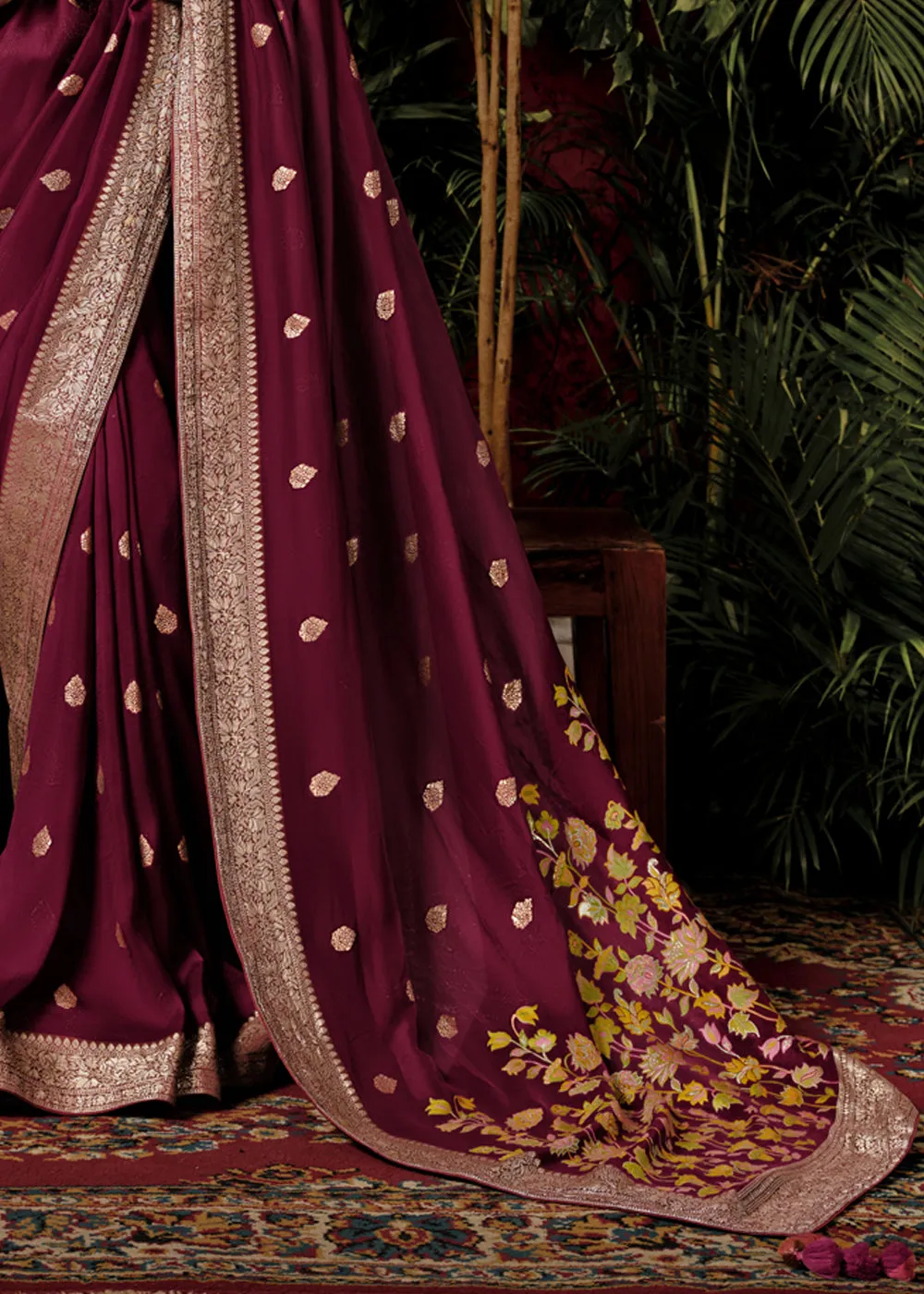 Wine Maroon Woven Banarasi Silk Saree With Brocade Blouse