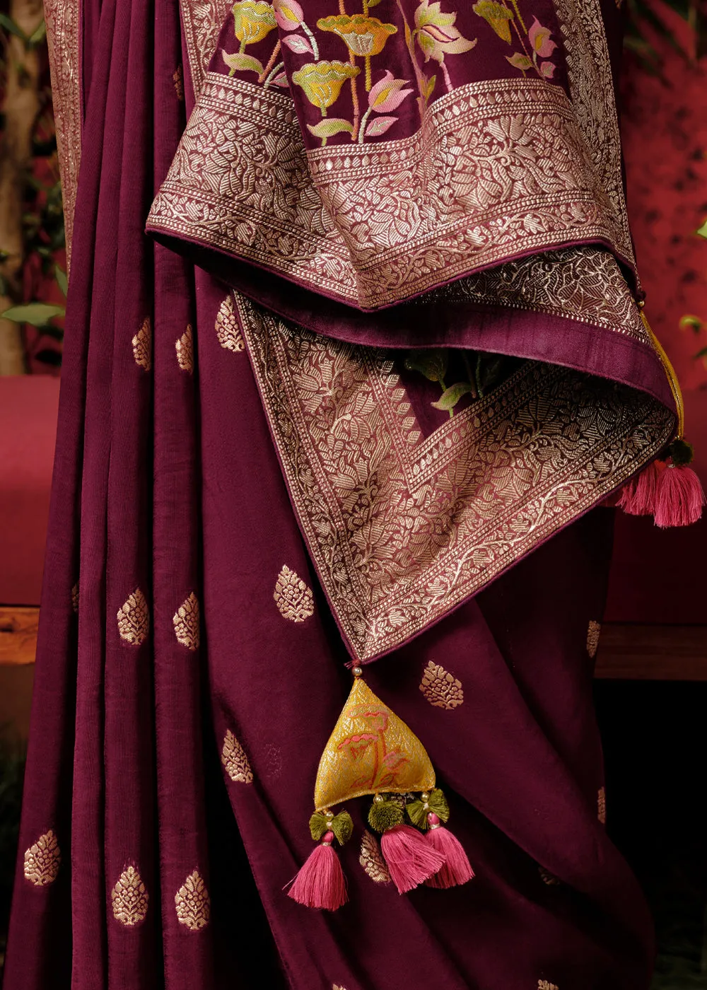 Wine Maroon Woven Banarasi Silk Saree With Brocade Blouse