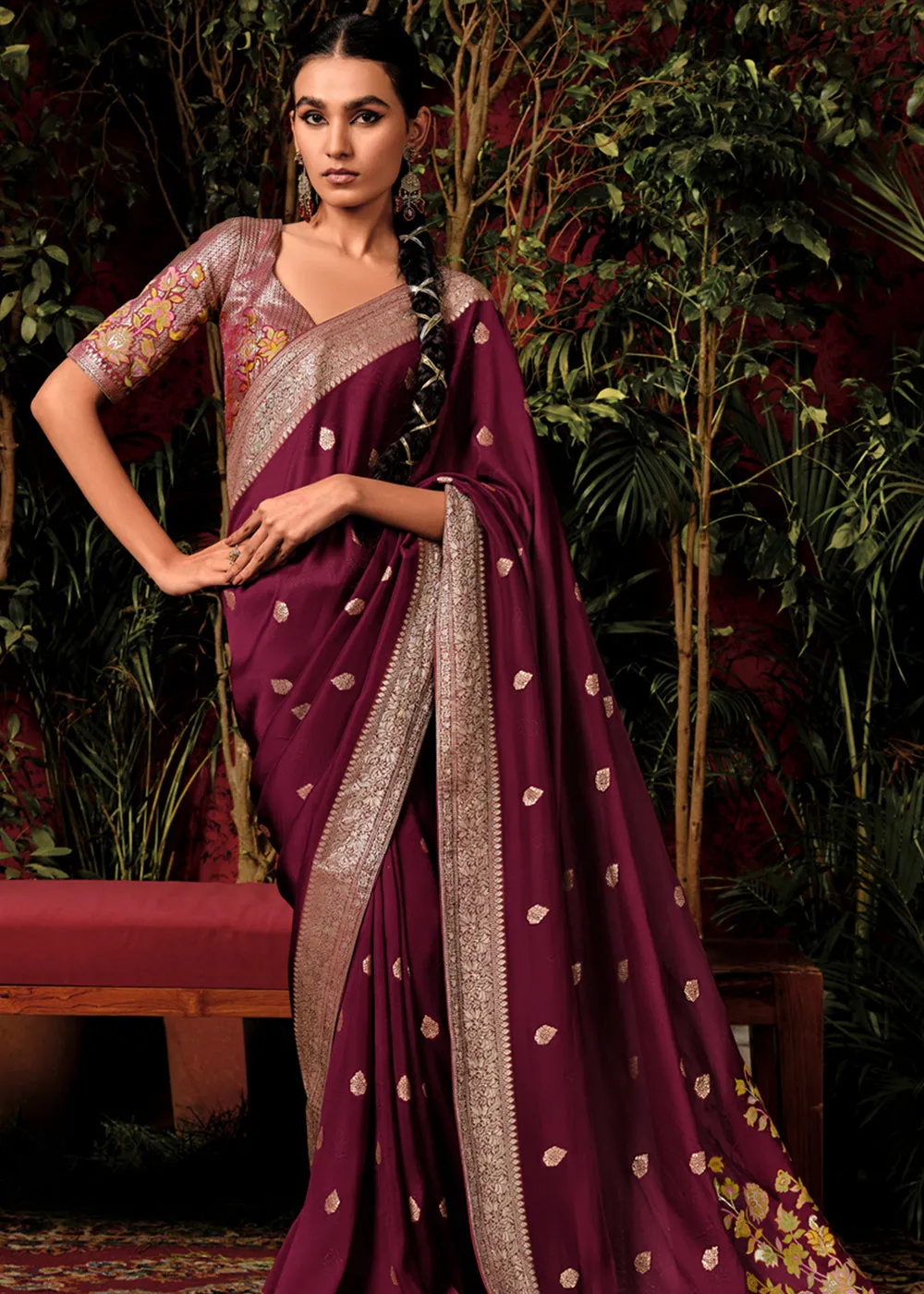 Wine Maroon Woven Banarasi Silk Saree With Brocade Blouse