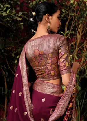 Wine Maroon Woven Banarasi Silk Saree With Brocade Blouse