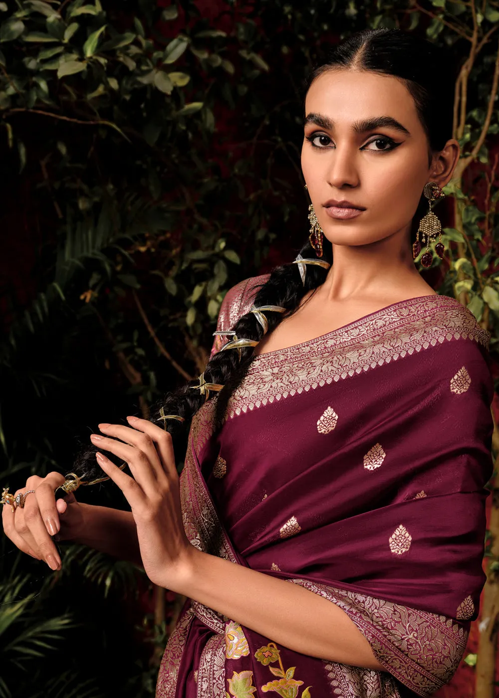 Wine Maroon Woven Banarasi Silk Saree With Brocade Blouse
