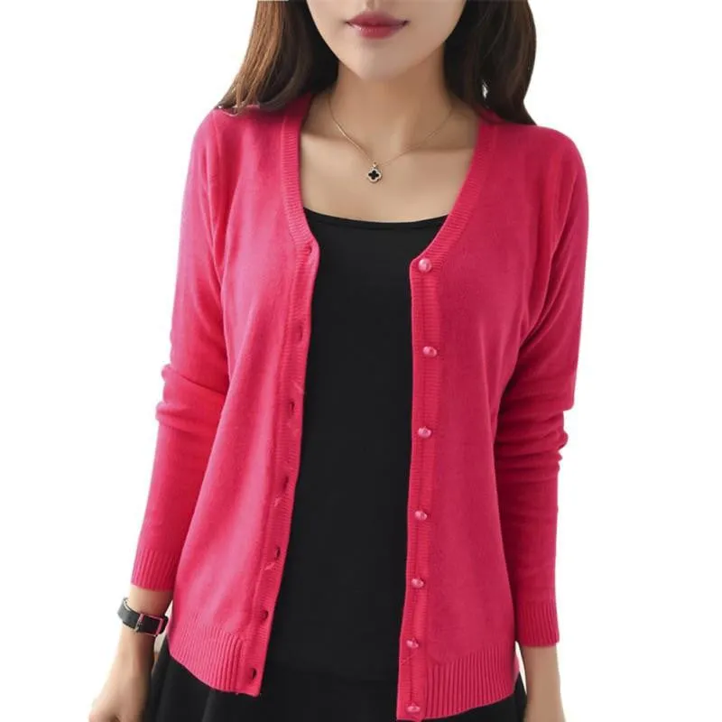 Women Candy Color V-neck Cardigan Long Sleeve Slim Knit Knitwear Casual Crochet Sweater Women Knitted Cardigan Sweater Tops
