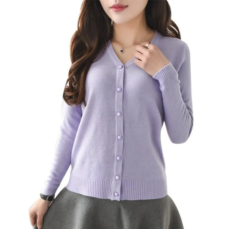 Women Candy Color V-neck Cardigan Long Sleeve Slim Knit Knitwear Casual Crochet Sweater Women Knitted Cardigan Sweater Tops