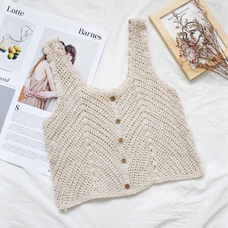 Women Sleeveless Tank Top Crochet Boho Camisole Crop Top Coconut Shell Button