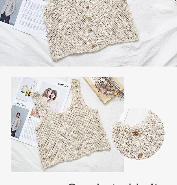 Women Sleeveless Tank Top Crochet Boho Camisole Crop Top Coconut Shell Button