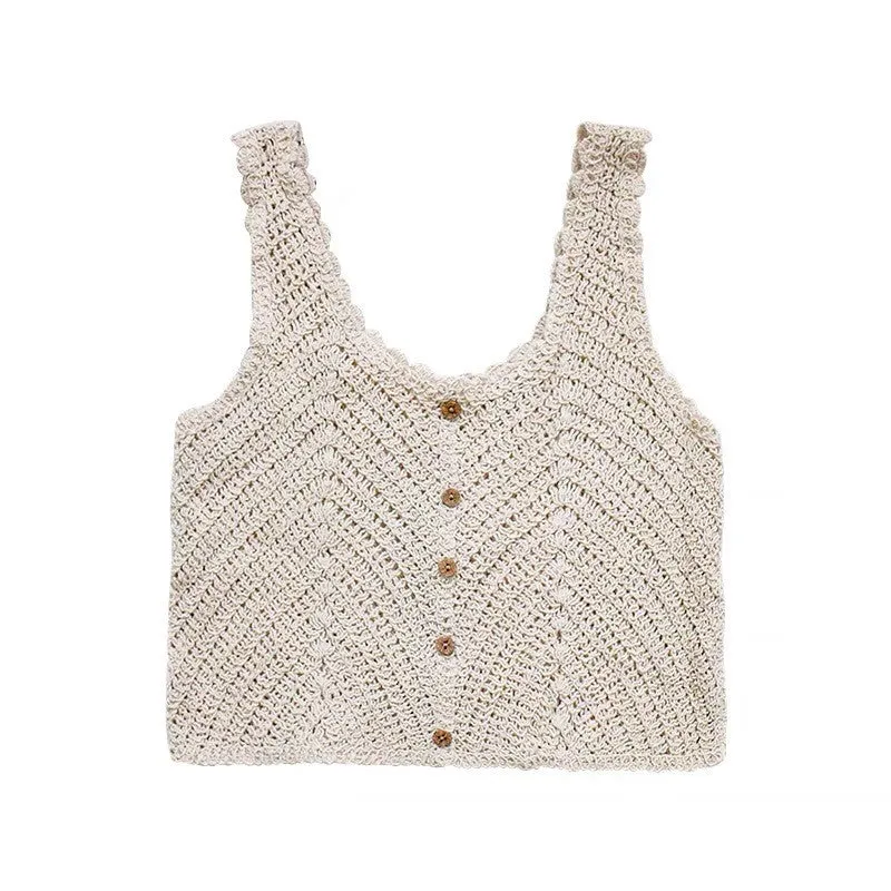 Women Sleeveless Tank Top Crochet Boho Camisole Crop Top Coconut Shell Button