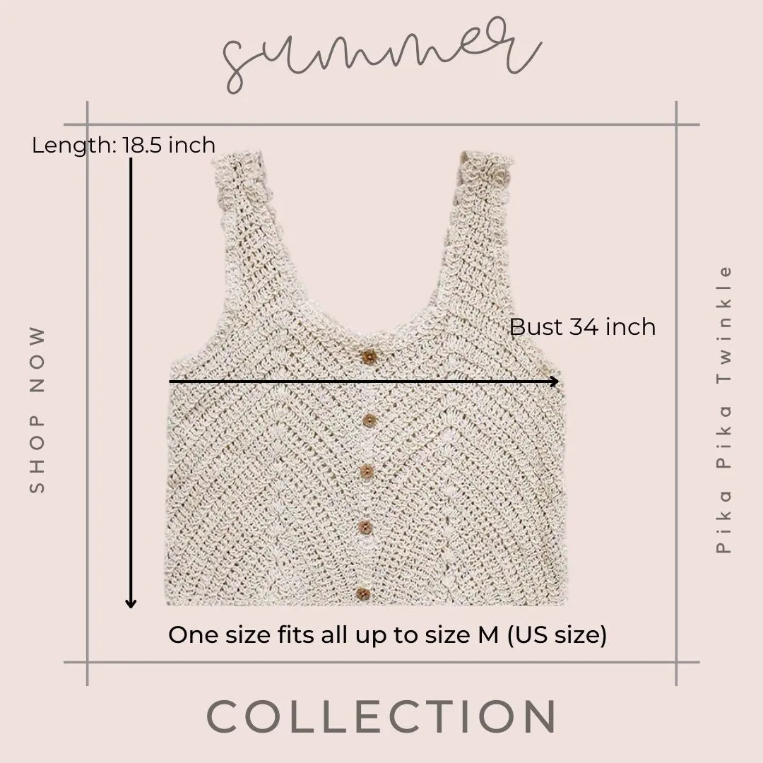 Women Sleeveless Tank Top Crochet Boho Camisole Crop Top Coconut Shell Button