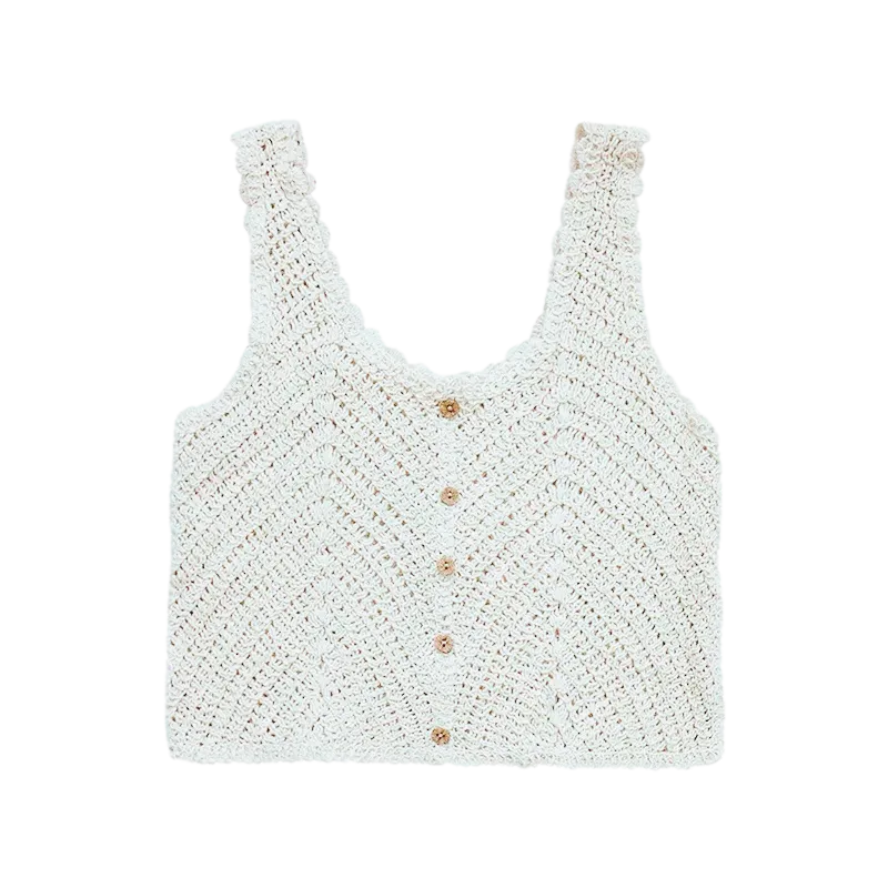 Women Sleeveless Tank Top Crochet Boho Camisole Crop Top Coconut Shell Button