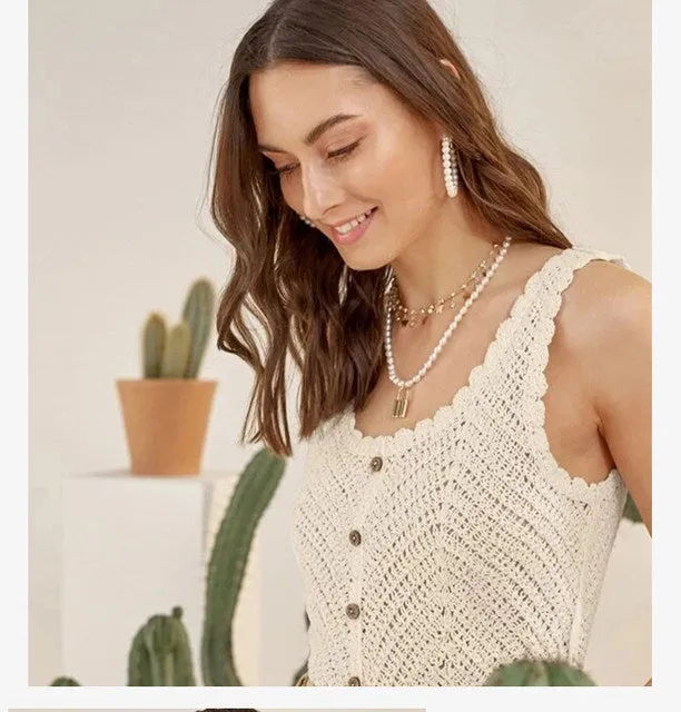 Women Sleeveless Tank Top Crochet Boho Camisole Crop Top Coconut Shell Button