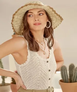 Women Sleeveless Tank Top Crochet Boho Camisole Crop Top Coconut Shell Button