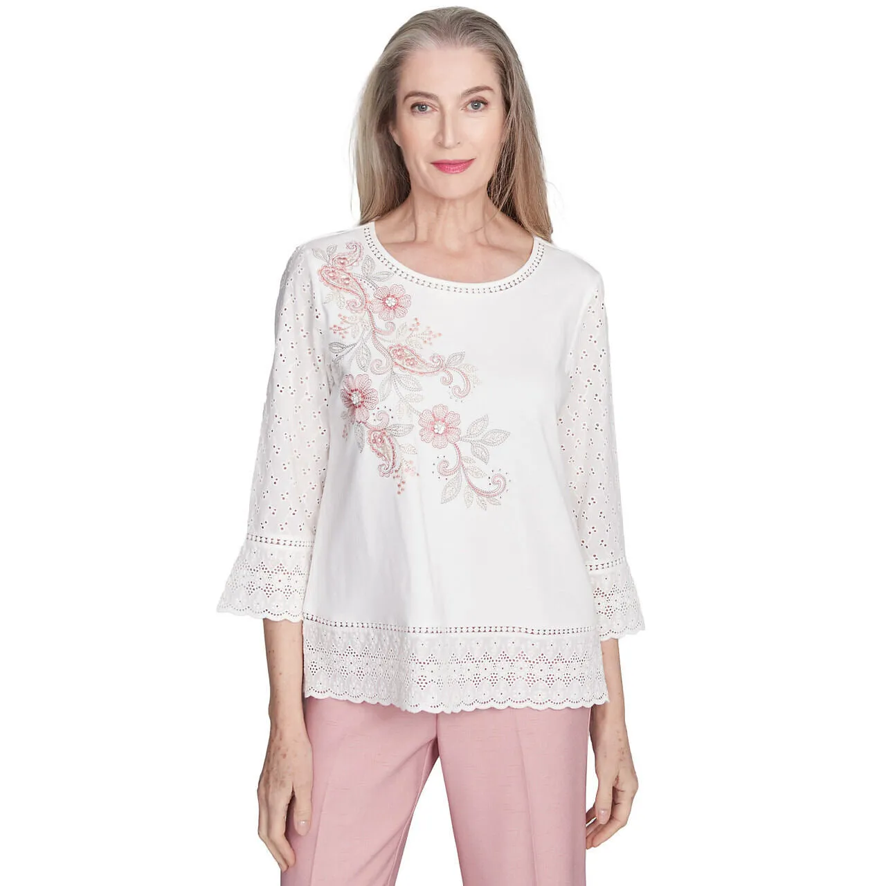 Women's Embroidered Floral Eyelet Trim Top - 90452
